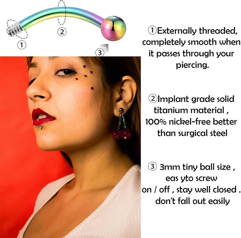BLISI G23 Solid Titanium Eyebrow Piercing Jewelry, Gokd Black Rose Gold Silver Pink Rainbow Eyebrow Rings 16G Curved Barbell,Tiny Vertical Labret Lip Jewelry Rook Piercing Jewelry for Women and Men - Image 5